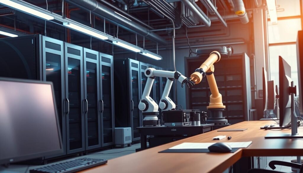 A modern office environment with an industrial aesthetic. In the foreground, a desk with a computer, keyboard, and mouse - the tools of repetitive office tasks. In the middle ground, robotic arms and automated machinery efficiently executing simple, repetitive workflows. The background features sleek, high-tech servers and data storage units, symbolizing the power of AI and automation to streamline and optimize business operations. The lighting is a cool, techno-industrial mix of fluorescent and LED, casting long shadows and creating a sense of efficiency and precision. The overall mood is one of progress, innovation, and the seamless integration of human and machine.