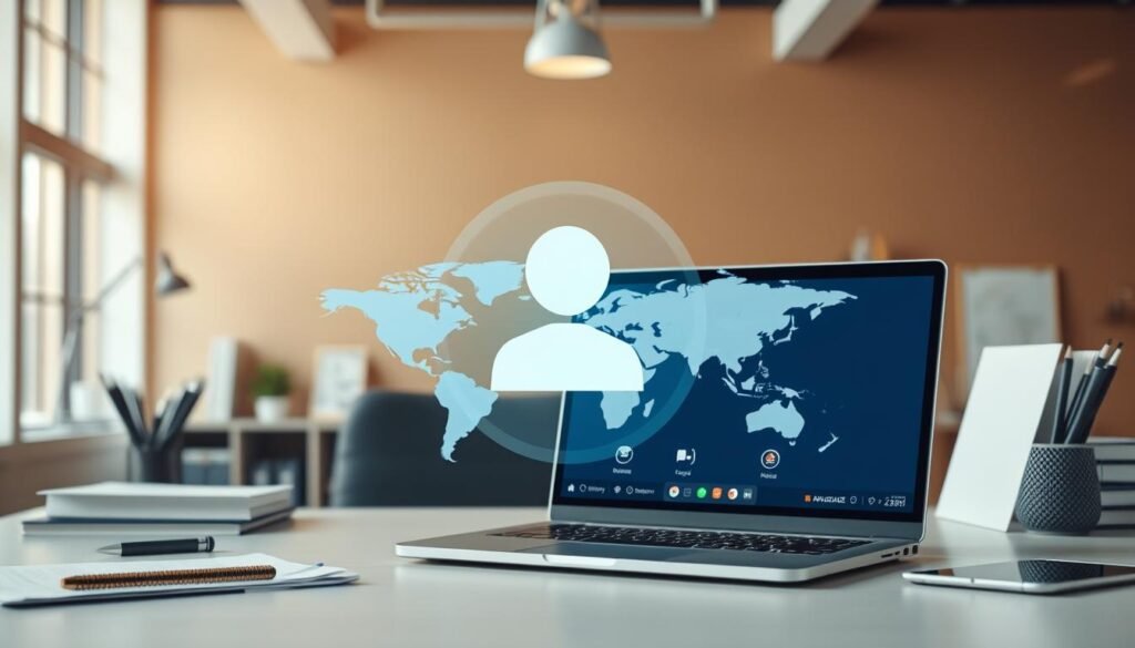 A modern office setting with a large desk, a sleek laptop, and an array of office supplies. In the foreground, an AI assistant icon hovers over the laptop screen, showcasing a translation interface. The middle ground features a world map and various language icons, indicating the global reach of the AI-powered translation service. The background is softly lit, creating a professional and productive atmosphere. The scene conveys the efficiency and convenience of AI-assisted translation, ready to serve the needs of international businesses and individuals.