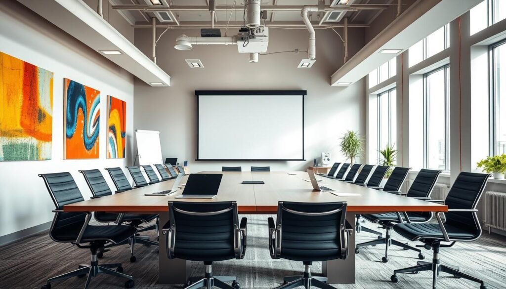 A professional, modern office interior with a large conference table in the foreground. The table is surrounded by ergonomic office chairs, and the walls are adorned with colorful, abstract art pieces. Bright, diffused natural light filters in through large windows, creating a warm and productive atmosphere. In the middle ground, a projector screen and whiteboard stand ready for presentations. The background features state-of-the-art technology like laptops, tablets, and smart devices, hinting at the innovative spirit of a thriving small-to-medium business. The overall scene conveys a sense of collaboration, learning, and growth - the ideal setting for "Formations et ressources pour les TPE et PME".