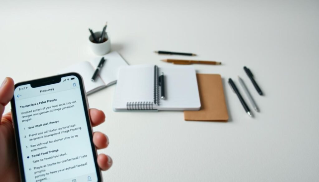 A professional stock photography-style image of "prompts Midjourney" with a minimalist, clean, and modern aesthetic. The foreground features a close-up shot of a hand holding a smartphone or tablet, displaying various text-based prompts on the screen. The middle ground showcases a collection of neatly arranged notebooks, pens, and other writing instruments, hinting at the creative process behind prompt engineering. The background is a simple, light-colored surface with subtle textures, creating a sense of focus and simplicity. The lighting is soft and diffused, producing a pleasant, studio-like ambiance. The overall mood is one of productivity, innovation, and the power of language to drive image generation.