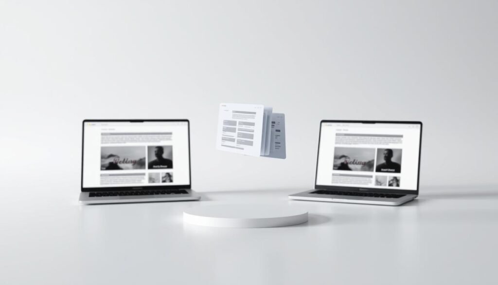 A scene depicting a comparison of different web page versions, showcased in a clean, minimalist design. In the foreground, two laptop screens display side-by-side renderings of web pages, highlighting their subtle differences. The middle ground features an elegant, floating 3D model of a web page structure, rotating gently to illustrate the iterative process. The background is a serene, softly blurred gradient, conveying a sense of focus and contemplation. The lighting is soft and diffused, creating a calm, professional atmosphere. The composition emphasizes the comparative analysis of web design, inviting the viewer to consider the nuances of user experience optimization.