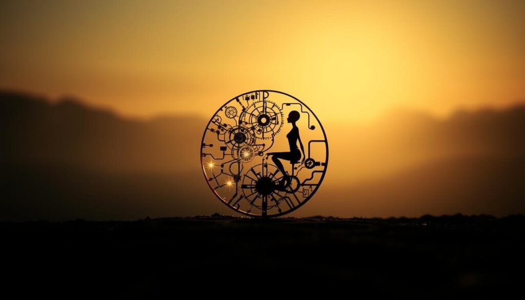 A serene balance between artificial and human elements. In the foreground, a stylized yin-yang symbol, its halves softly glowing with natural and digital energy. In the middle ground, delicate yet intricate machinery intermingles with organic curves and textures. The background fades into a dreamlike landscape, hinting at the harmony between technology and the natural world. Warm, soft lighting casts a meditative atmosphere, inviting the viewer to contemplate the interplay of artificial and human forces. The composition is elegant, the palette muted and sophisticated, evoking a sense of thoughtful equilibrium.