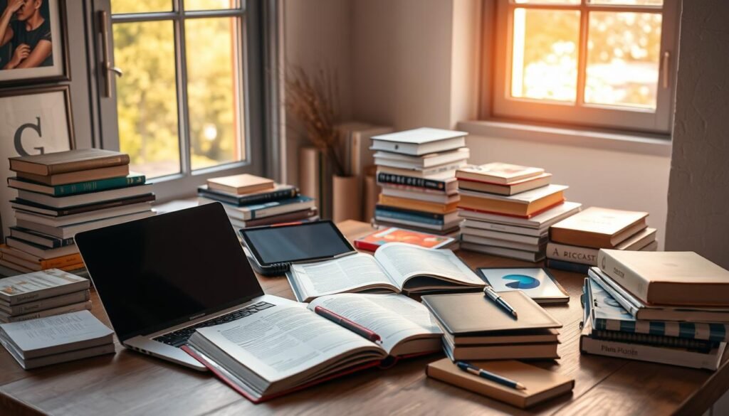 A serene study space with a sleek laptop, open notebooks, and a variety of learning resources including textbooks, tablets, and online course materials. The scene is bathed in warm, natural lighting from a large window, creating a cozy and inviting atmosphere. Carefully arranged stacks of books and stationery create a visually appealing and organized composition. The overall mood is one of productive focus and intellectual engagement, reflecting the subject of learning and mastering AI without extensive technical experience.