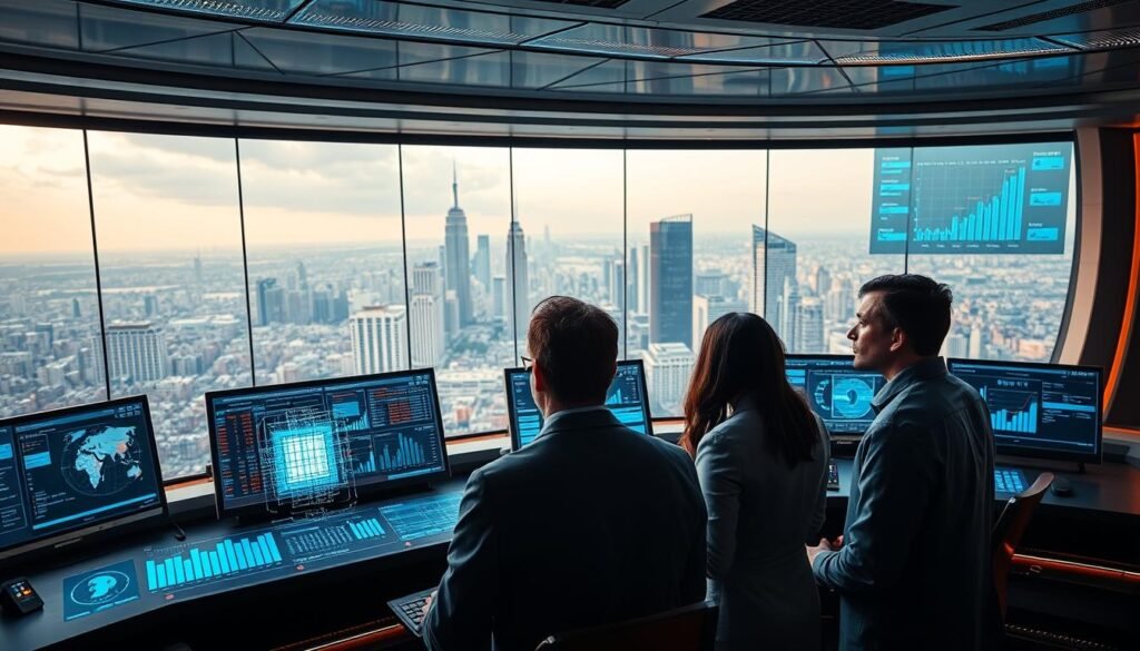 A sleek, futuristic control room with multiple holographic displays showcasing user behavior analytics. In the foreground, an AI-powered interface analyzes complex user data streams, presenting insights through intuitive visual dashboards. The middle ground features a team of data scientists intently studying the displays, their expressions reflecting deep concentration. In the background, a vast cityscape of skyscrapers and bustling activity hints at the scale and impact of the user behavior analysis being conducted. Warm lighting and a sense of technological advancement create a mood of cutting-edge innovation and data-driven decision making.