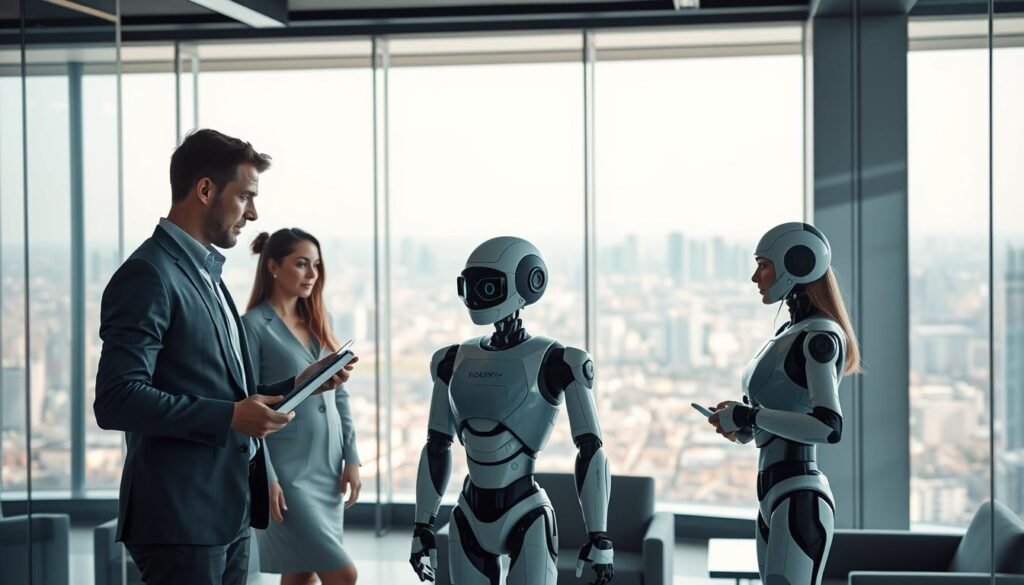 A sleek, futuristic office interior with glass walls and modern furniture. The foreground features a team of professionals intently analyzing data and insights on transparent displays, their expressions focused and driven. In the middle ground, an AI assistant robot effortlessly handles administrative tasks, streamlining workflows. The background showcases a panoramic cityscape, highlighting the transformative impact of AI-driven productivity. Soft, directional lighting illuminates the scene, creating a sense of technological sophistication and efficiency. The overall atmosphere conveys the synergy between human ingenuity and artificial intelligence, driving innovation and cost optimization.