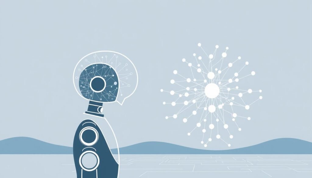 A sleek, minimalist illustration depicting the inner workings of an AI-powered chatbot for e-commerce. In the foreground, a stylized chatbot avatar engages in a conversation, its speech bubble filled with abstract data flows. The middle ground showcases a complex neural network structure, with interconnected nodes and pathways representing the chatbot's artificial intelligence. In the background, a clean and modern technology landscape sets the scene, hinting at the seamless integration of this intelligent assistant into an e-commerce platform. The overall composition conveys a sense of efficiency, intelligence, and the transformative potential of AI-driven customer support.
