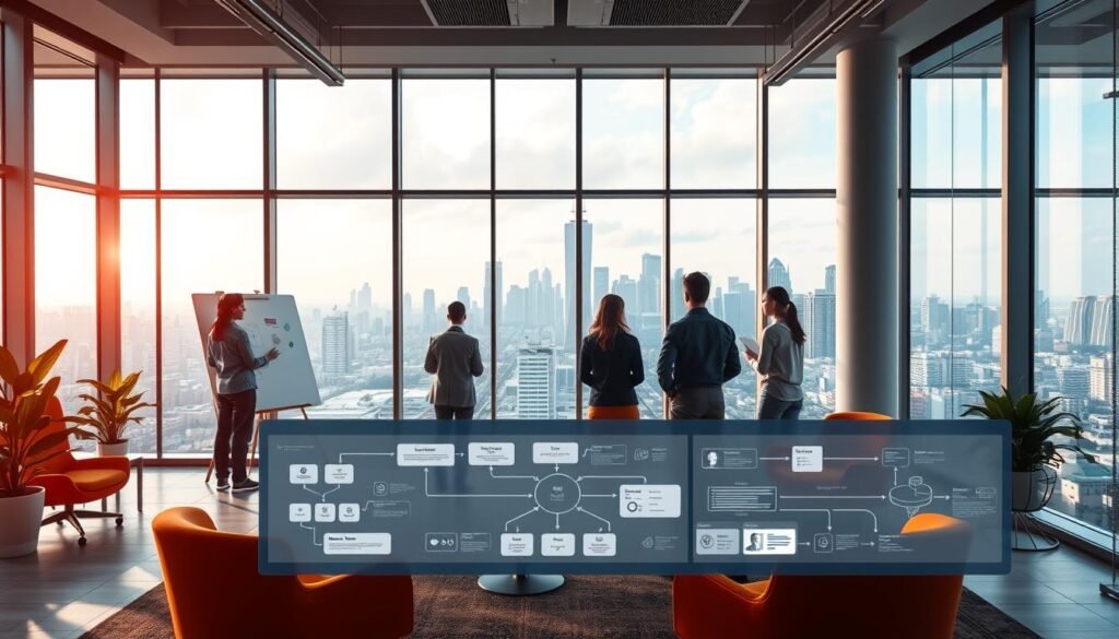 A sleek, modern office interior with large windows overlooking a bustling cityscape. In the foreground, a team of professionals collaborating on a no-code automation platform, engaged in lively discussion and brainstorming on a large whiteboard. Vibrant color schemes, ergonomic furniture, and a serene, productive atmosphere convey the "best practices" of no-code implementation. The middle ground features a series of modular flowcharts, diagrams, and intuitive user interfaces, showcasing the flexibility and streamlined nature of the no-code approach. In the background, a skyline of skyscrapers and tech hubs, symbolizing the scalability and enterprise-level capabilities of the no-code solutions. Overall, the image should inspire a sense of efficiency, collaboration, and the future of modern business automation.