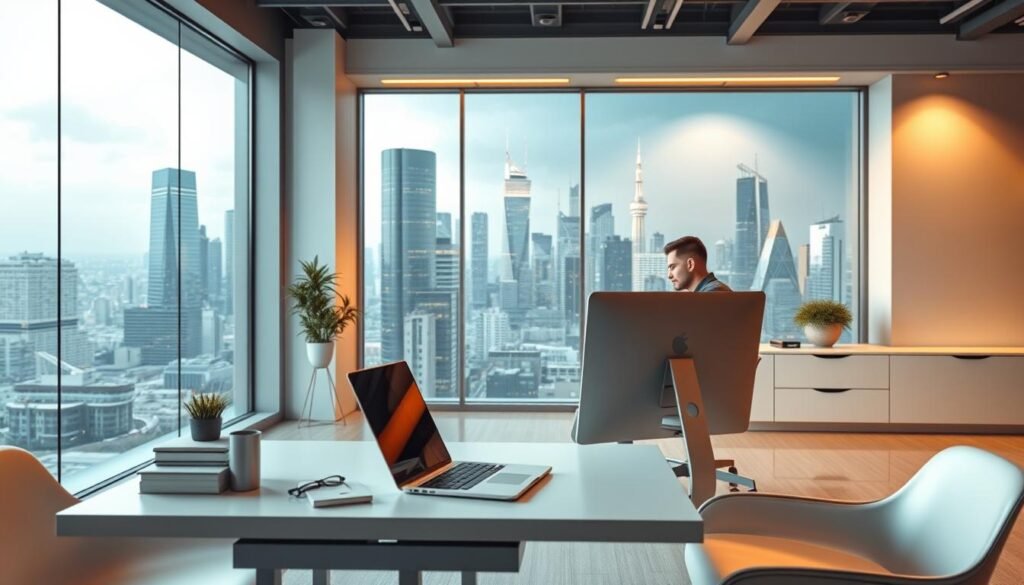 A sleek, modern office setting with minimalist furniture and a large window overlooking a bustling city skyline. In the foreground, a desk with a laptop and various productivity tools, representing the automation of SEO tasks through AI algorithms. In the middle ground, a person sitting at the desk, focused intently on the screen, symbolizing the enhanced productivity enabled by the AI-driven SEO processes. The background features a cityscape with a futuristic, high-tech vibe, hinting at the transformative nature of AI in the digital marketing landscape. Soft, warm lighting illuminates the scene, creating a sense of efficiency and progress. The overall composition conveys the idea of streamlined, AI-powered SEO workflows that boost productivity and optimize performance.