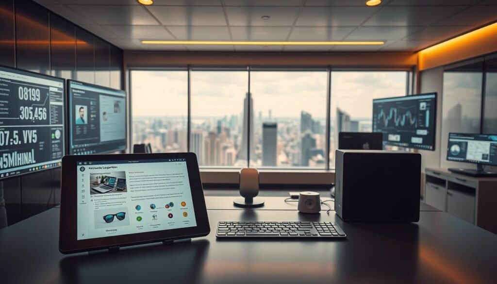 A sleek, modern workspace dominated by cutting-edge AI-powered tools for e-commerce product descriptions. In the foreground, a high-resolution tablet displays a sophisticated natural language generation interface, with intuitive controls and real-time feedback. Flanking it, a pair of high-performance workstations, their screens alive with data visualizations and product analytics. The middle ground features a stylish desk, adorned with a minimalist keyboard and a state-of-the-art voice interface. The background showcases a panoramic view of a bustling urban skyline, hinting at the global reach and impact of these AI-driven e-commerce solutions. Warm, directional lighting and a muted color palette evoke a sense of efficiency, innovation, and the future of digital commerce.