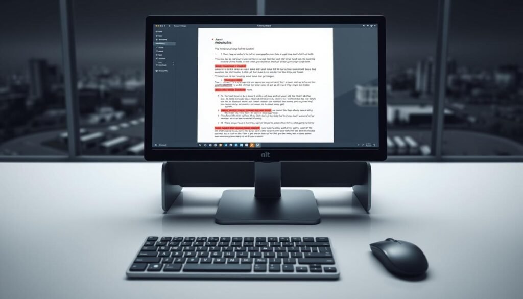 A sleek, modern workspace with a desktop computer, keyboard, and mouse. In the foreground, the screen displays a document with red correction marks and suggestions, illustrating the process of automatic text correction. The middle ground features a minimalist, monochrome design aesthetic with clean lines and a neutral color palette. The background has a blurred, out-of-focus landscape or cityscape, creating a sense of depth and emphasizing the focus on the text correction tools. The lighting is soft and diffused, creating a professional and productive atmosphere. The scene conveys the efficiency and effectiveness of AI-powered text correction solutions.