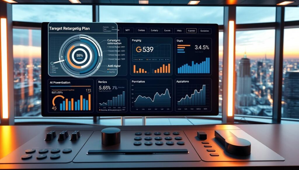 A sophisticated strategy dashboard showcasing an effective retargeting plan, illuminated by warm lighting and a sleek, futuristic design. In the foreground, a 3D holographic display presents targeted customer segments, campaign metrics, and AI-powered optimization insights. The middle ground features a minimalist control panel with adjustable sliders, buttons, and graphs, reflecting the precision and dynamism of the retargeting process. In the background, a panoramic window offers a cityscape view, symbolizing the broad, data-driven reach of the retargeting strategy. The overall atmosphere conveys a sense of cutting-edge technology, data-driven decision-making, and impactful marketing optimization.