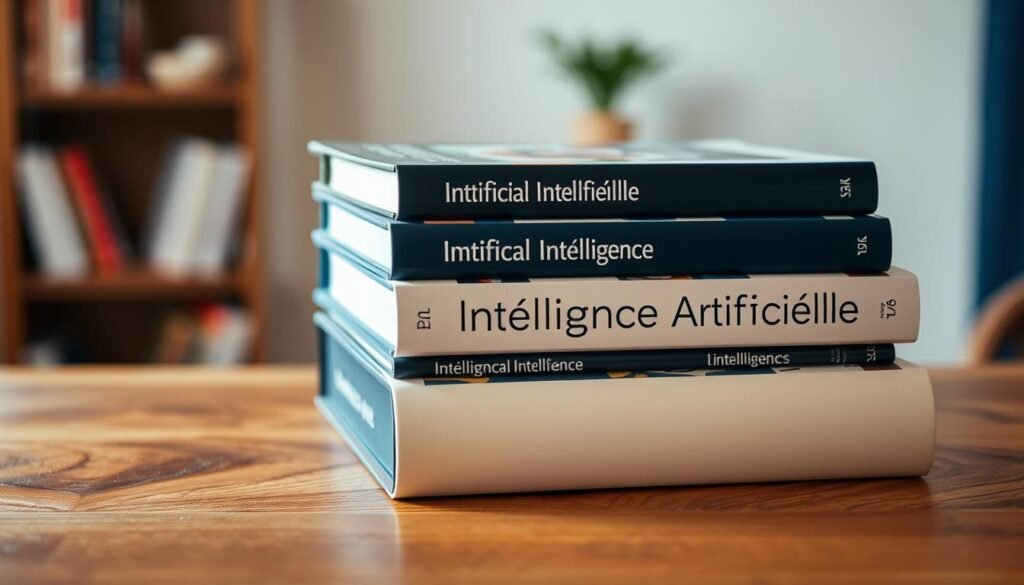 A stack of hardcover books on a wooden table, the spines displaying the text "Livres Intelligence Artificielle" in a clear, modern font. The books are positioned in a visually appealing arrangement, with a warm, natural lighting illuminating the scene. The background is blurred, creating a focus on the books and the rich, textured surface of the table. The overall mood is one of contemplation and intellectual discovery, inviting the viewer to dive into the world of artificial intelligence through the knowledge contained within these carefully curated volumes.