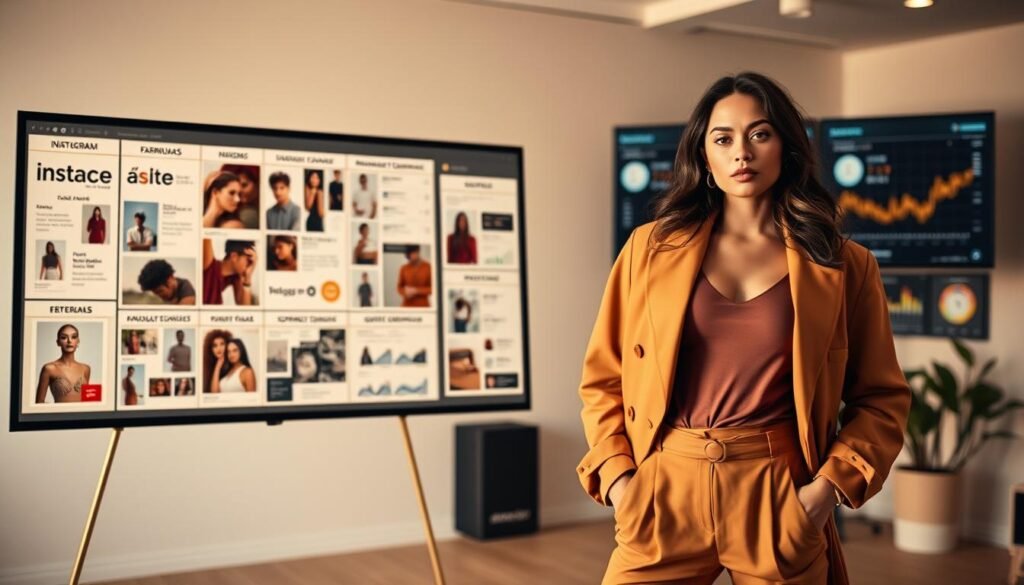 A stylish and modern fashion brand's monthly Instagram content strategy planned using AI. In the foreground, a fashionable woman poses confidently, wearing the brand's latest apparel. The middle ground showcases a mood board with AI-generated images, social media post templates, and content calendars. In the background, a sleek, minimalist office space with a large monitor displaying AI-powered analytics and content performance data. The lighting is warm and soft, creating a professional yet aspirational atmosphere. The composition is balanced, with the woman's pose and the AI-driven elements working together to convey the brand's strategic, tech-savvy approach to social media marketing.
