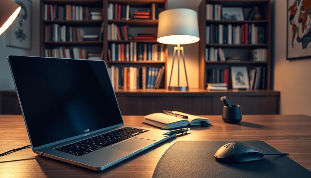 A stylish home office setup with advanced AI-powered writing tools. In the foreground, a sleek laptop and a high-end mouse pad with subtle branding. In the middle ground, an elegant fountain pen, a leather-bound notebook, and a modern desk lamp casting a warm glow. The background features bookshelves filled with volumes on AI, machine learning, and creative writing, complemented by abstract artworks on the walls. The entire scene is bathed in soft, directional lighting, creating a productive and inspiring atmosphere for AI-assisted content creation.