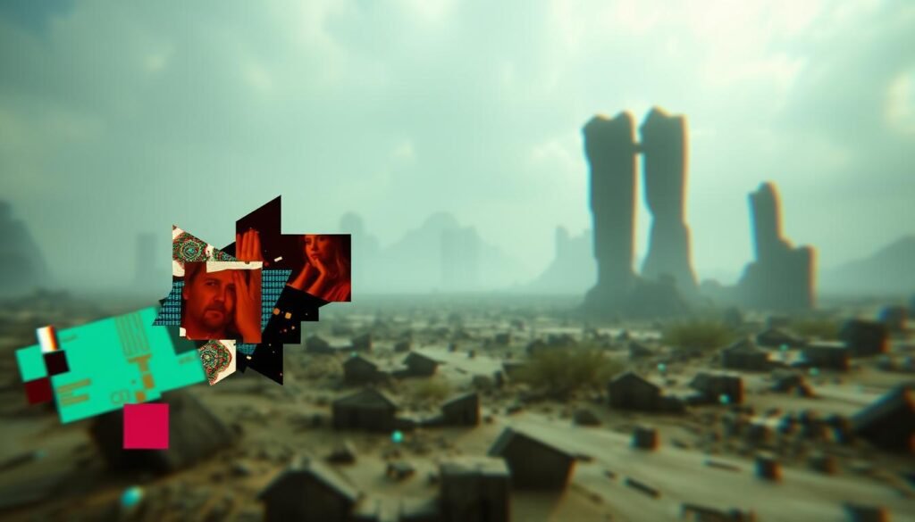 A surreal and glitchy landscape depicting the limitations of AI-generated content. In the foreground, distorted and fragmented imagery representing flaws, errors, and artifacts generated by AI systems. In the middle ground, disjointed shapes and forms symbolize the boundaries and constraints of current AI technology. The background features a hazy, dreamlike environment with strange, unnatural lighting, suggesting the unpredictable and uncertain nature of AI-powered content creation. The overall mood is one of technological uncertainty, caution, and the need to understand the limitations of AI-driven tools.