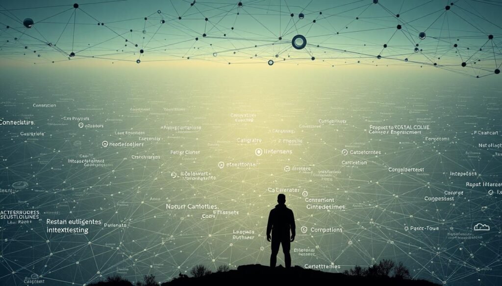 A vast data landscape, a complex web of interconnected nodes and pathways, symbolizing the reliance of artificial intelligence on vast datasets. In the foreground, a solitary figure contemplates the sprawling expanse, their silhouette casting a long shadow, a metaphor for the limitations of AI and the need to understand its boundaries. Soft, ambient lighting casts a pensive tone, while the middle ground features a blend of futuristic technology and organic elements, hinting at the delicate balance between human and machine. The background fades into a horizon of uncertainty, a reminder that the full potential and limitations of AI are still uncharted territory.