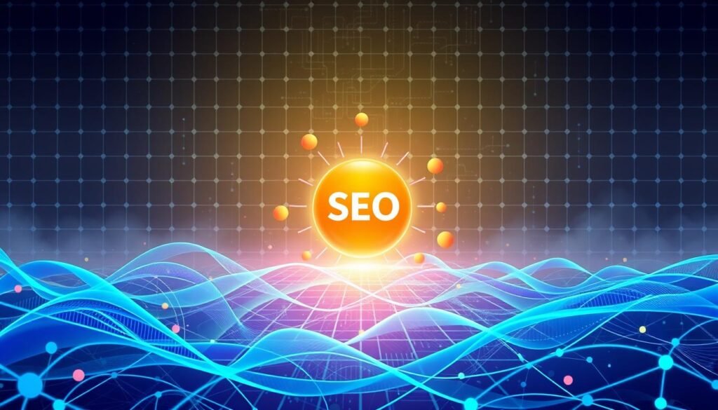 A vibrant, abstract digital illustration depicting the intersection of SEO and AI. In the foreground, undulating lines and shapes in shades of blue and green symbolize the algorithms and data flows of intelligent search optimization. In the middle ground, a central sphere of warm tones represents the core concepts of SEO and AI, surrounded by smaller orbs pulsing with light. The background features a hazy, atmospheric grid pattern in muted grays and whites, suggesting the technological landscape in which these elements coexist. The overall composition conveys a sense of dynamism, complexity, and the transformative power of artificial intelligence in modern search engine optimization.