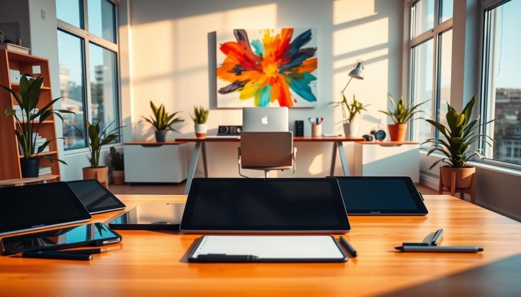 A vibrant and creative personal workspace, bathed in warm, natural lighting from large windows. In the foreground, an array of digital tablets, styluses, and a sketchpad laid out, signifying a hands-on creative process. The middle ground features a sleek, minimalist desk with a powerful laptop, various stationery, and a potted plant, suggesting a balance of digital and analog tools. The background showcases a colorful, abstract wall art piece, complementing the creative atmosphere. The overall scene conveys a sense of inspiration, productivity, and a personalized approach to harnessing the power of AI-driven tools for personal creative endeavors.