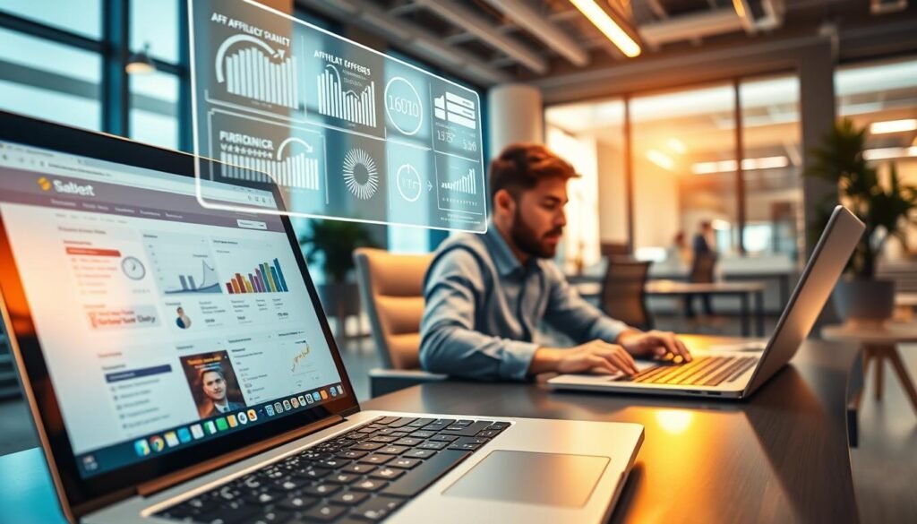 A vibrant and dynamic scene showcasing a fast affiliate marketing strategy. In the foreground, a laptop displays a web page with affiliate links and offers, bathed in a warm glow from the screen. Hovering above the laptop is a holographic display highlighting key performance metrics and analytics. In the middle ground, a person sits intently, their hands moving rapidly across the keyboard, optimizing campaigns and monitoring results. The background is a modern office environment, with clean lines, sleek furniture, and large windows letting in natural light, creating an atmosphere of efficiency and success. The overall mood is one of focused intensity, with a sense of urgency and opportunity.