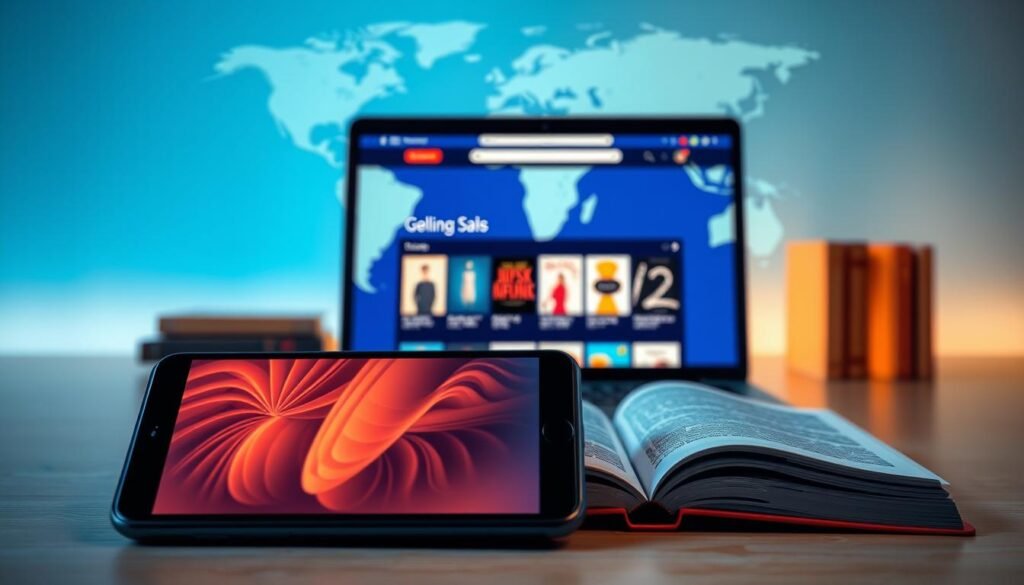 A vibrant, minimalist scene depicting the online book sales strategy. In the foreground, a sleek smartphone with a book cover displayed on the screen, representing the digital marketplace. The middle ground features a laptop with a clean, user-friendly e-commerce website, showcasing book covers and descriptions. In the background, a stylized world map or global network symbolizes the worldwide reach of online book sales. The lighting is soft and warm, creating an inviting atmosphere. The overall composition conveys a sense of efficiency, accessibility, and the immense potential of selling books through digital channels.