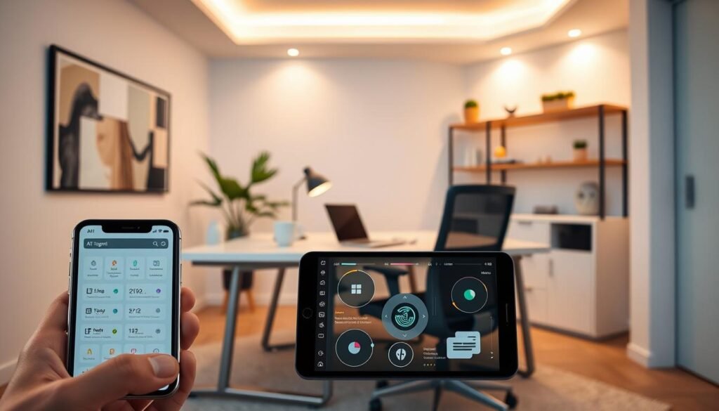 A well-lit, modern home office with a sleek, minimalist desk and ergonomic chair. On the desk, a laptop, a coffee mug, and a small potted plant. The walls feature abstract art and shelves displaying decorative objects. Warm, diffused lighting emanates from overhead fixtures, creating a calm and productive atmosphere. In the foreground, a tablet or smartphone displays a user interface with clear, intuitive controls and visualizations, demonstrating the optimized use of AI technology. The overall scene conveys a sense of efficiency, creativity, and technological integration in everyday life.