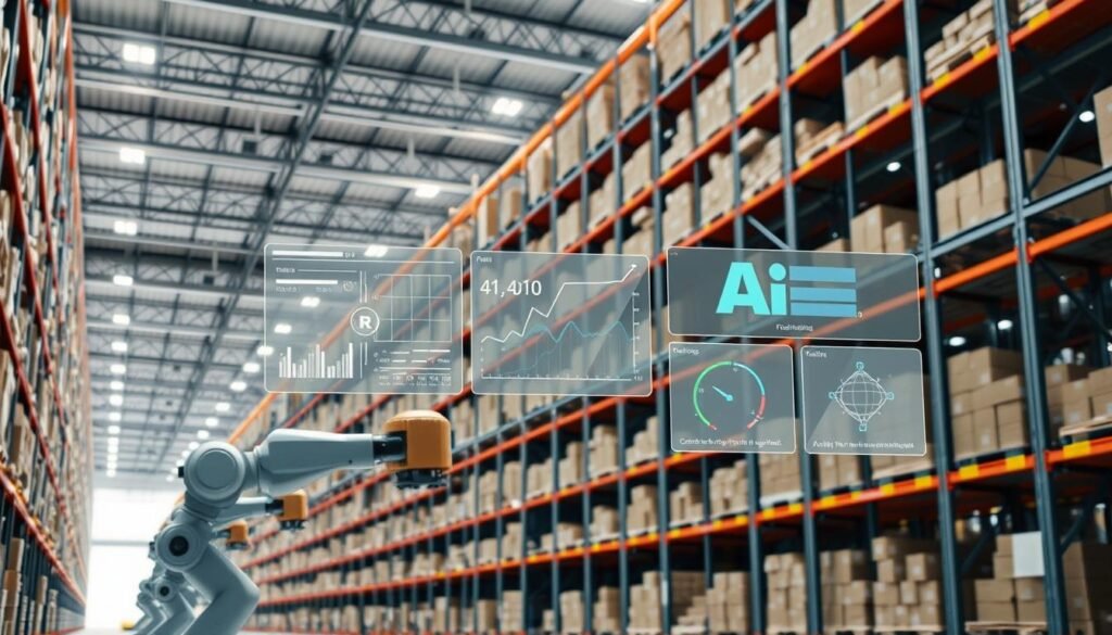 An expansive, modern warehouse interior filled with rows of towering shelves, automated robotic arms efficiently moving products, and advanced AI-powered software interfaces monitoring inventory levels and optimizing workflows. Bright, diffused lighting illuminates the scene, creating a clean, efficient atmosphere. The foreground showcases the robotic arms in action, their mechanical precision highlighted. In the middle ground, AI dashboards display real-time analytics and predictive stock management, while the background reveals the vast scale of the automated operations. An overall sense of harmonious automation, seamlessly integrating human and machine intelligence for streamlined warehouse management.