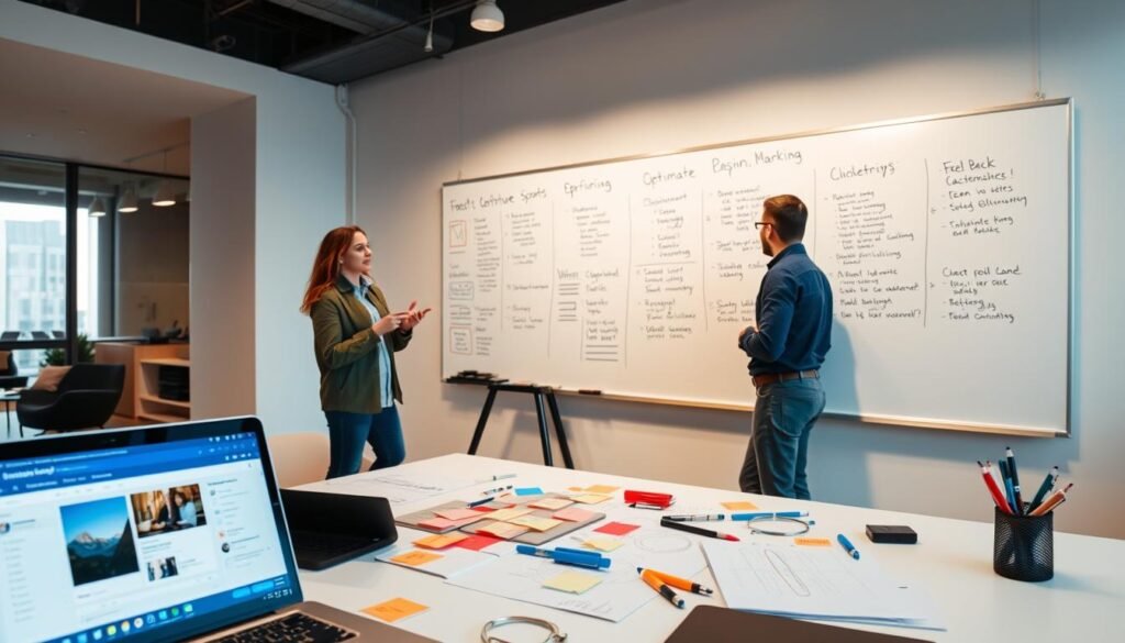 An expansive open workspace with a large whiteboard on the wall, displaying a step-by-step process for configuring AI-powered Facebook ad campaigns. The foreground features a laptop displaying Facebook's business manager interface, alongside a neatly organized array of sticky notes, pens, and other planning materials. In the middle ground, two people in casual attire collaborate, gesticulating as they discuss the optimization strategies. The background is softly lit, with a large window overlooking a cityscape, creating a sense of productivity and professionalism. The overall atmosphere is one of efficiency, intentionality, and a forward-thinking approach to data-driven marketing.
