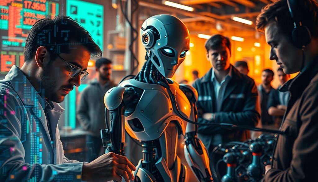 An intricate and vibrant scene depicting the diverse careers in the field of artificial intelligence. In the foreground, a data scientist pores over a holographic display, data streams cascading around them. In the middle ground, a robotics engineer guides the assembly of a sleek humanoid form, its eyes flickering with intelligent life. In the background, a team of machine learning experts collaborates, their expressions intense as they train an AI model on a vast neural network. The scene is bathed in a warm, futuristic glow, hinting at the boundless potential of this rapidly evolving industry. The mood is one of innovation, possibility, and the steady march of technological progress.
