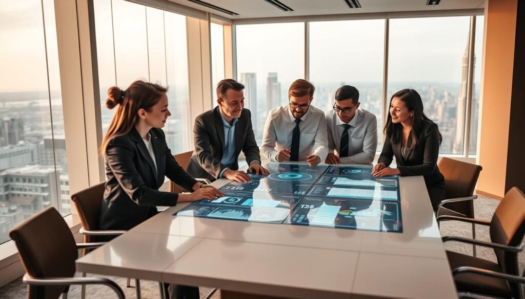 Elegant office interior with a team of business professionals collaborating around a large table, using augmented reality displays and AI-powered analytics dashboards. Soft, warm lighting casts a productive glow, while floor-to-ceiling windows offer a panoramic cityscape backdrop. The team is engrossed in their work, their expressions conveying a sense of focus and excitement as they navigate innovative AI solutions that are driving their company's growth and success.