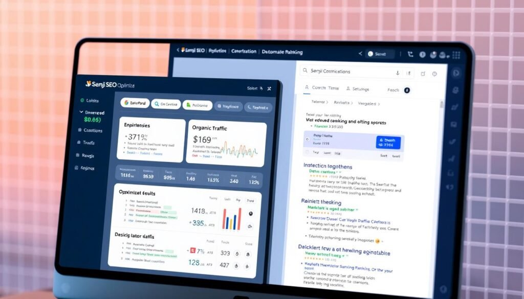 Intricate UI design showcasing Semji SEO optimization, with a clean, modern aesthetic. In the foreground, a sleek dashboard interface displays key performance metrics and optimization suggestions. The middle ground features a search engine results page, highlighting improved rankings and organic traffic. In the background, a subtle grid pattern suggests the technical complexity of the underlying algorithms. Soft, directional lighting emphasizes the interface's intuitive layout and user-friendly experience. An overall tone of efficiency, precision, and data-driven decision-making permeates the scene.