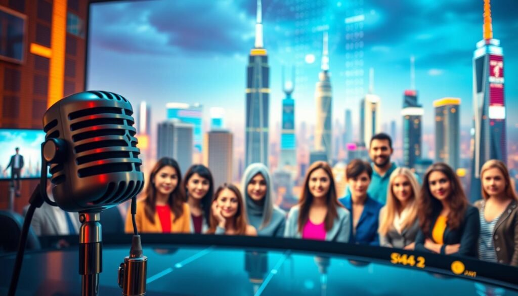 Podcasts internationaux IA: a global auditory exploration of artificial intelligence. In the foreground, a sleek, modern microphone stands poised, ready to capture the insights and discussions of AI experts from around the world. The middle ground features a diverse array of international podcast hosts, each with a unique perspective to share, their faces illuminated by warm, natural lighting. The background showcases a vibrant, futuristic cityscape, with towering skyscrapers and holographic displays, symbolizing the rapid technological advancements that drive the AI revolution. The overall atmosphere exudes a sense of intellectual curiosity, global collaboration, and the power of knowledge-sharing through the medium of podcasting.
