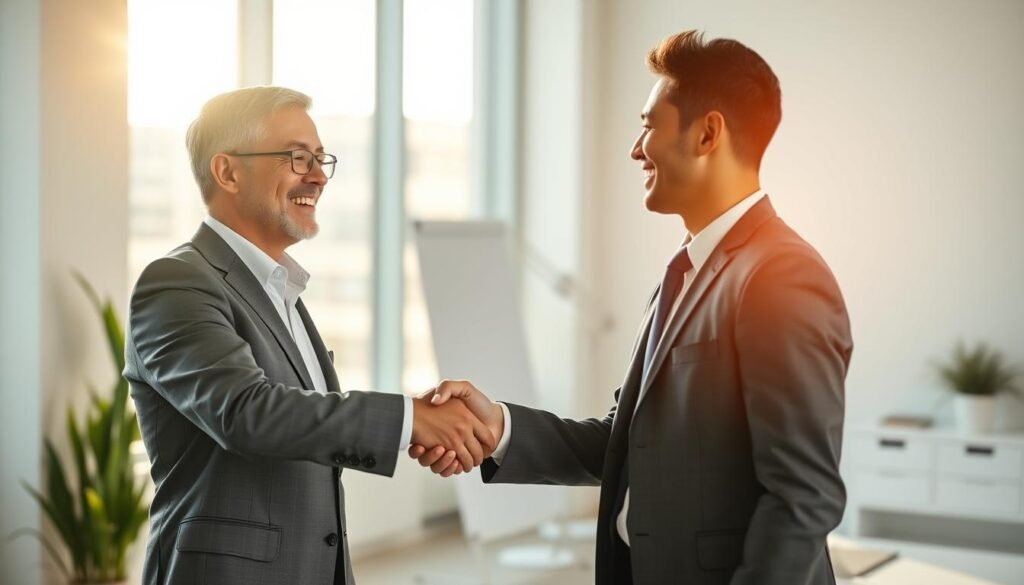 A business professional in a suit, standing in a modern office, shaking hands with a happy client. The scene is bathed in warm, natural lighting from large windows, conveying a sense of trust and collaboration. The client's expression is open and engaged, while the professional's posture is confident and welcoming. The background features a minimalist, clean workspace with subtle details that suggest a productive, technology-driven environment. The overall atmosphere reflects the advantages of an effective marketing chatbot in building valuable client relationships.