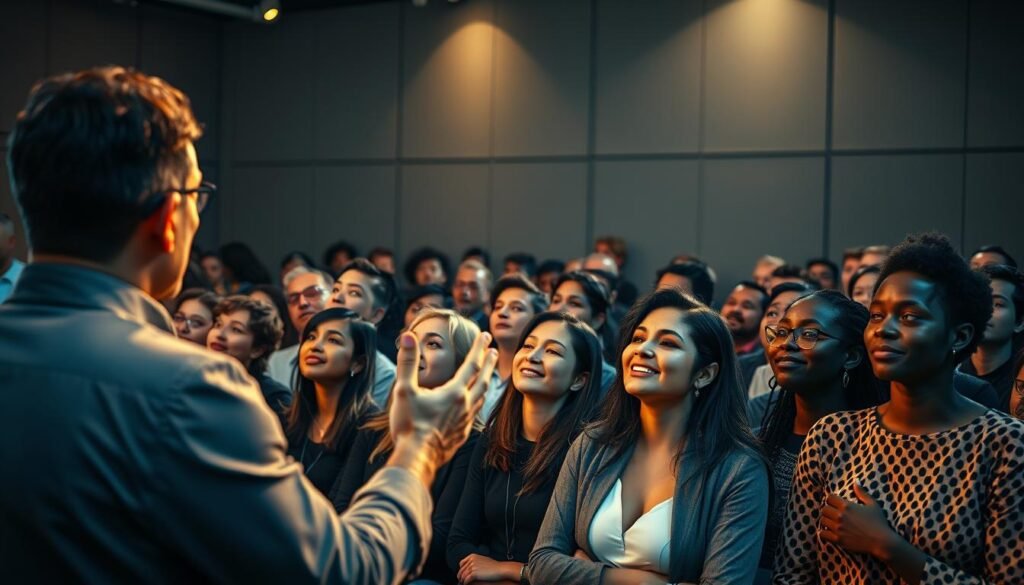 A bustling audience of diverse individuals, captivated by an engaging AI presentation. In the foreground, a speaker gestures passionately, their face illuminated by a warm spotlight. The middle ground features a rapt audience, leaning forward with attentive expressions, eager to absorb the insights being shared. In the background, a sleek, minimalist stage setup, with clean lines and muted tones, creates a professional and modern atmosphere. The lighting is dramatic, with subtle shadows and highlights that accentuate the energy and dynamism of the scene. The overall mood is one of intellectual curiosity, inspiration, and a shared enthusiasm for the potential of AI technology.