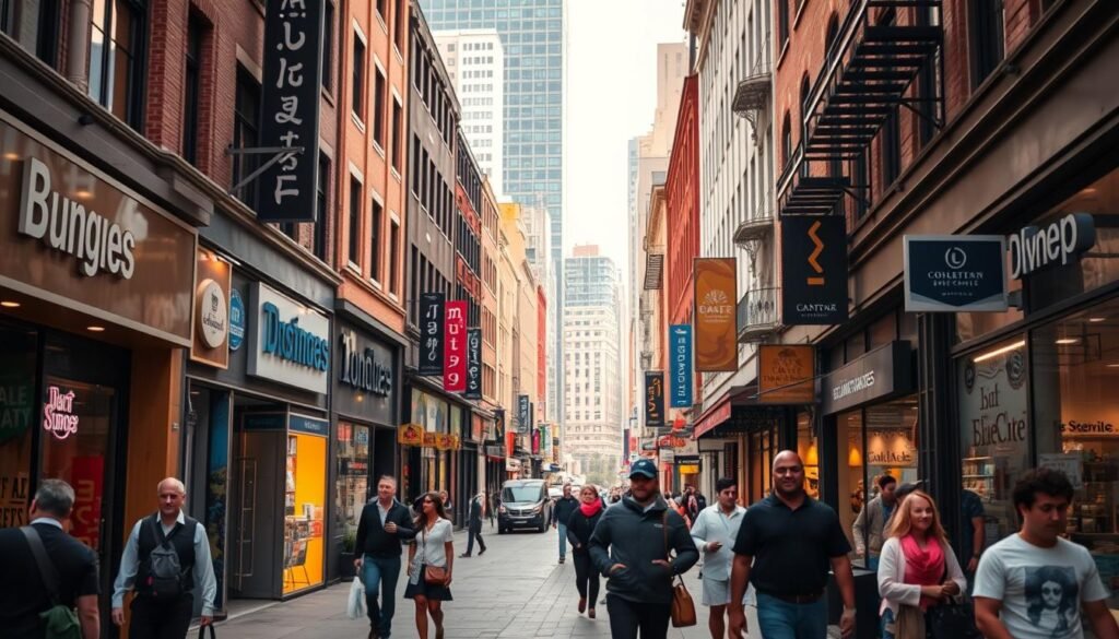 A bustling city street with a vibrant local business district, captured in a wide-angle lens to showcase the dynamic neighborhood. In the foreground, pedestrians navigate the sidewalks, interacting with storefronts and signage. The middle ground features local shops, cafes, and service providers, their storefront displays and branding clearly visible. In the background, a blend of modern and historic architecture frames the scene, creating a sense of community and character. The lighting is a balance of natural daylight and warm, inviting artificial illumination, evoking a welcoming, approachable atmosphere. The overall composition conveys the energy and connectedness of a thriving local marketplace, ideal for illustrating the fundamentals of AI-powered local search optimization. A bustling city street with a vibrant local business district, captured in a wide-angle lens to showcase the dynamic neighborhood. In the foreground, pedestrians navigate the sidewalks, interacting with storefronts and signage. The middle ground features local shops, cafes, and service providers, their storefront displays and branding clearly visible. In the background, a blend of modern and historic architecture frames the scene, creating a sense of community and character. The lighting is a balance of natural daylight and warm, inviting artificial illumination, evoking a welcoming, approachable atmosphere. The overall composition conveys the energy and connectedness of a thriving local marketplace, ideal for illustrating the fundamentals of AI-powered local search optimization.