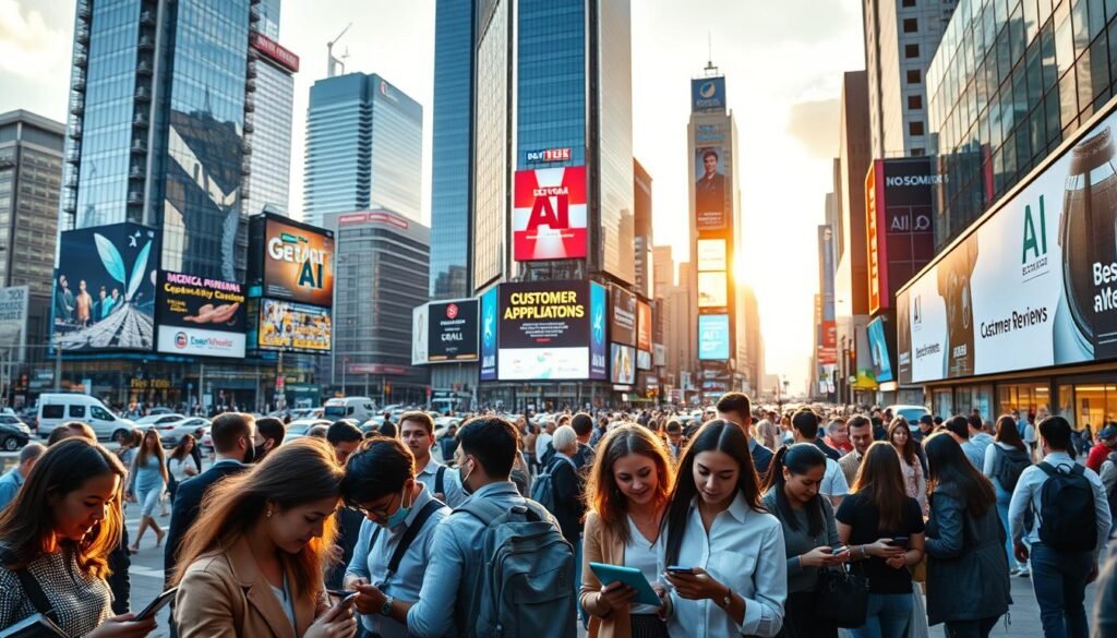 A bustling cityscape with modern high-rise buildings, bustling streets, and thriving businesses. In the foreground, a group of diverse people, each engaged with a tablet or smartphone, representing various industries and sectors. The middle ground features signage and advertisements showcasing "Sectorial AI Applications" and "Customer Reviews", conveying the theme of the article section. The background is bathed in warm, golden light, creating a sense of productivity and progress. The overall atmosphere is one of innovation, technology, and the integration of AI into everyday business operations.
