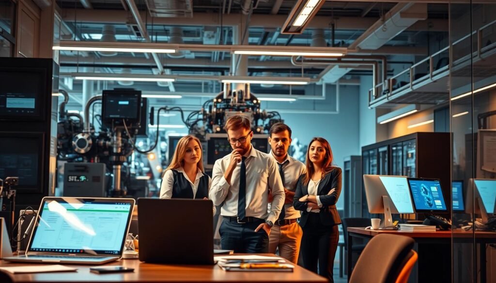 A bustling office interior with a sleek, modern aesthetic. In the foreground, a workspace with a laptop, tablet, and various office supplies, symbolizing the challenges of automation. In the middle ground, a team of professionals engaged in deep discussion, their faces reflecting a mix of concentration and uncertainty. The background features an array of complex machinery and technological interfaces, hinting at the complexities of automating a business. Warm, directional lighting casts dramatic shadows, creating a sense of depth and drama. The overall tone conveys a thoughtful, problem-solving atmosphere as the team navigates the "défis automatisation business".