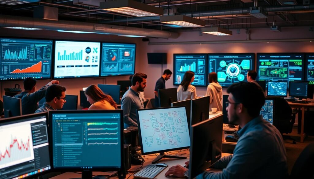 A bustling office setting, illuminated by warm overhead lighting, showcasing a diverse team of professionals actively engaged in computer-based tasks. In the foreground, a data analyst intently examines statistical visualizations on their dual-monitor setup, while a machine learning engineer collaborates with a software developer on an AI-powered application. In the middle ground, a product manager leads a brainstorming session, surrounded by colleagues sketching ideas on a digital whiteboard. In the background, a network administrator monitors system performance on a comprehensive dashboard. An atmosphere of innovation and collaboration permeates the scene, capturing the dynamic nature of emerging AI-driven career opportunities.