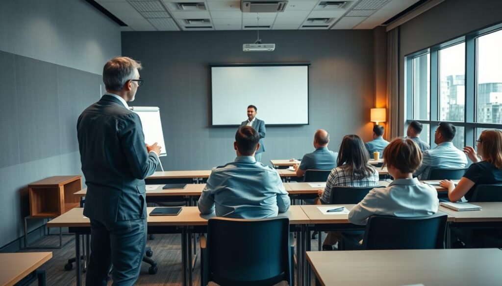 A classroom setting with an instructor leading a training session. The foreground shows the trainer standing at the front of the room, gesturing towards a whiteboard or projection screen. The middle ground features rows of desks and chairs occupied by attentive trainees, creating an atmosphere of engaged learning. The background depicts a well-lit, modern interior with large windows, conveying a professional and productive environment. Muted tones of gray, blue, and beige dominate the color scheme, creating a calm and focused ambiance. Indirect lighting casts a warm glow, illuminating the scene. The overall composition suggests a structured, in-person training session tailored for entrepreneurs seeking to advance their AI knowledge.