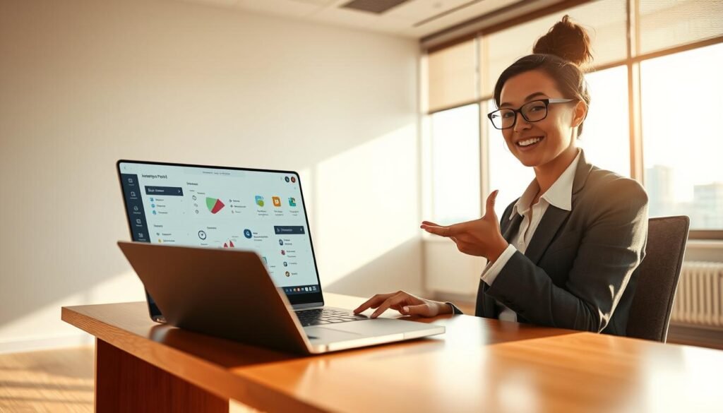 A clean, minimalist office interior with a large window overlooking a cityscape. On the desk, a laptop displays a no-code AI interface, with intuitive drag-and-drop tools and visual programming elements. The user, a business professional, gestures towards the screen, their face conveying a sense of empowerment and creativity. The room is bathed in warm, natural lighting, creating a welcoming and productive atmosphere. The overall scene reflects the democratization of AI, making it accessible to non-technical users through user-friendly, code-free solutions.