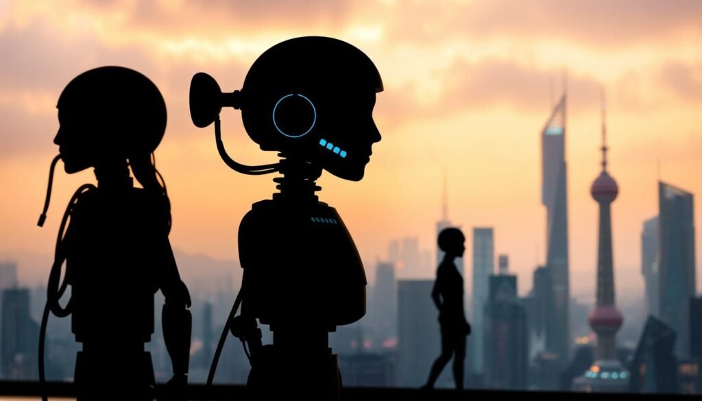 A comparison of various AI tools, showcased in a well-lit, high-quality image. The foreground features the silhouettes of several AI assistants, each with distinctive designs and interfaces, standing side by side. The middle ground depicts a futuristic cityscape, with towering skyscrapers and advanced technology in the background. The lighting is a balanced mix of warm and cool tones, creating a sense of depth and atmosphere. The overall mood is one of technological advancement and the diverse landscape of AI-powered tools.