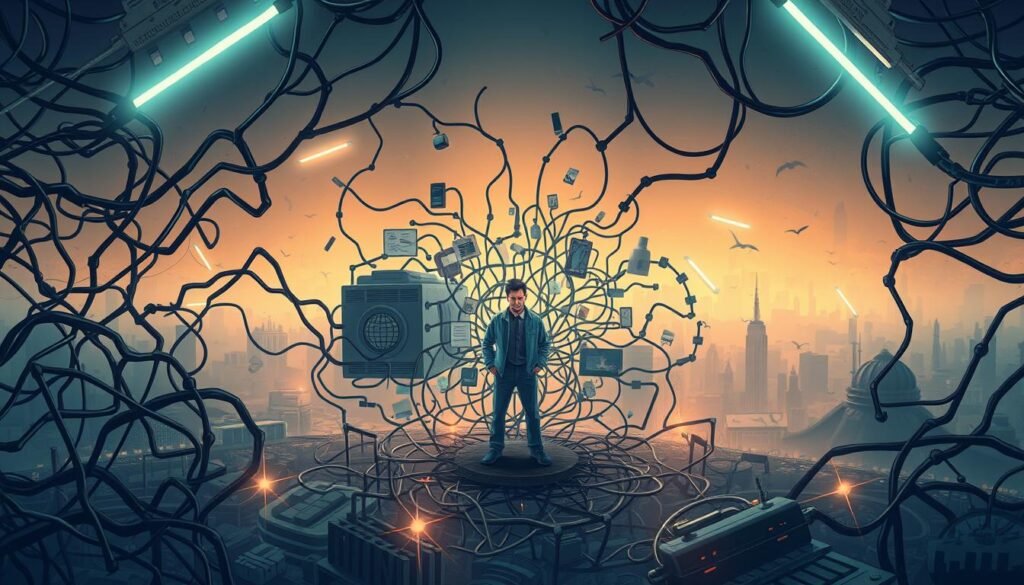 A complex, multi-layered illustration depicting the challenges and limits in creating an AI startup. In the foreground, a tangled web of code and algorithms representing the technical difficulties. In the middle ground, a frustrated entrepreneur surrounded by a maze of financial, regulatory, and ethical obstacles. In the background, a hazy, uncertain landscape symbolizing the unpredictable nature of the AI industry. The scene is lit by a mix of harsh, fluorescent lighting and soft, ethereal glows, creating a sense of tension and unease. The overall mood is one of complexity, uncertainty, and the daunting task of navigating the creation of an AI-driven business.