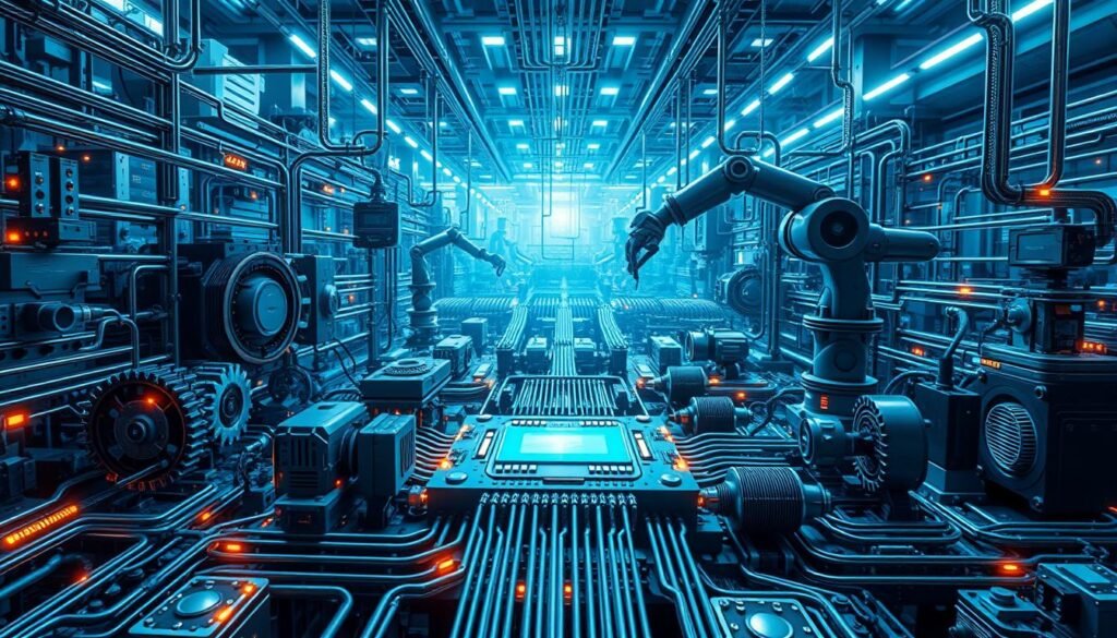 A complex network of interconnected gears, circuits, and algorithms, set against a backdrop of futuristic, metallic tones. The foreground features a central hub of advanced processors, buzzing with electric energy, surrounded by a web of data streams and lines of code. In the middle ground, robotic arms and mechanical actuators move with precision, integrating seamlessly with the digital systems. The background is a sleek, industrial landscape, bathed in a cool, blue-tinted lighting that lends an air of technocratic authority. The overall composition conveys a sense of sophisticated, automated systems working in harmony to power innovative solutions.