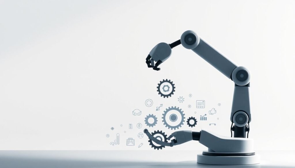 A crisp, minimalist illustration of automation and AI-powered content generation. In the foreground, a sleek robotic arm meticulously assembles intricate gears and cogs, representing the seamless integration of AI into the content creation workflow. The middle ground features a collection of stylized digital icons and symbols, hinting at the diverse applications of AI-driven content automation. In the background, a subdued gradient backdrop evookes a sense of futuristic innovation and technological progress. Soft, directional lighting from the left side casts dramatic shadows, adding depth and visual interest to the composition. The overall mood is one of efficient, cutting-edge automation empowered by the latest advancements in artificial intelligence.