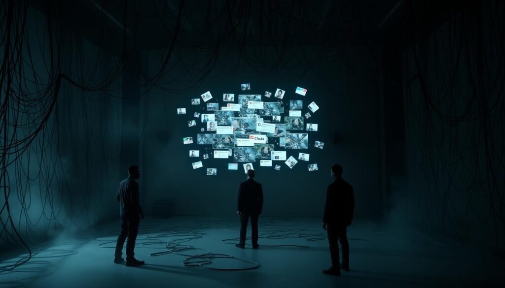 A dark, ominous room with a sprawling web of interconnected cords and cables, symbolizing the intricate and tangled nature of ethical issues in AI-powered social media automation. In the foreground, shadowy figures representing the risks and concerns - privacy breaches, algorithmic bias, content moderation challenges. The middle ground features a central holographic display, projecting a chaotic montage of viral social media posts, their reach and impact magnified by AI-driven tactics. The background is obscured in a hazy, unsettling atmosphere, conveying the sense of uncertainty and unease surrounding these ethical dilemmas. Dramatic lighting casts dramatic shadows, heightening the sense of foreboding. The mood is one of complexity, tension, and the need for thoughtful, nuanced consideration of the "risques éthiques automatisation contenus" in social media.