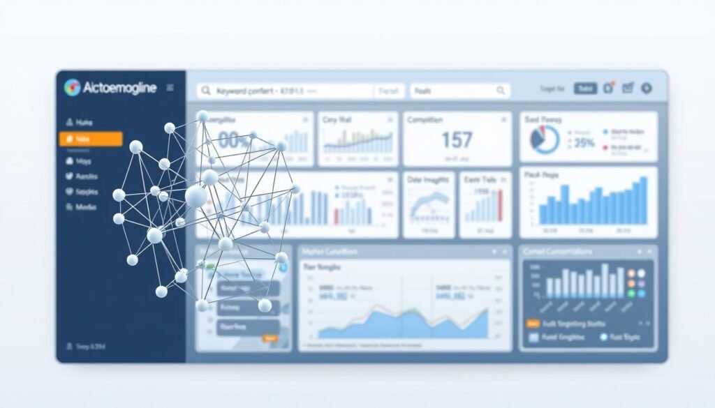 A data visualization dashboard showcasing AI-powered keyword analysis and competitive research. In the foreground, a 3D graph with interconnected nodes and lines representing keyword relationships and insights. The middle ground features a series of interactive charts, graphs, and data visualizations providing detailed competition and market intelligence. In the background, a clean, minimalist interface with clean typography and user-friendly UI elements. The overall aesthetic is sleek, modern, and data-driven, conveying the power of AI to enhance SEO content strategy. Subtle blue and gray tones create a professional, analytical atmosphere.
