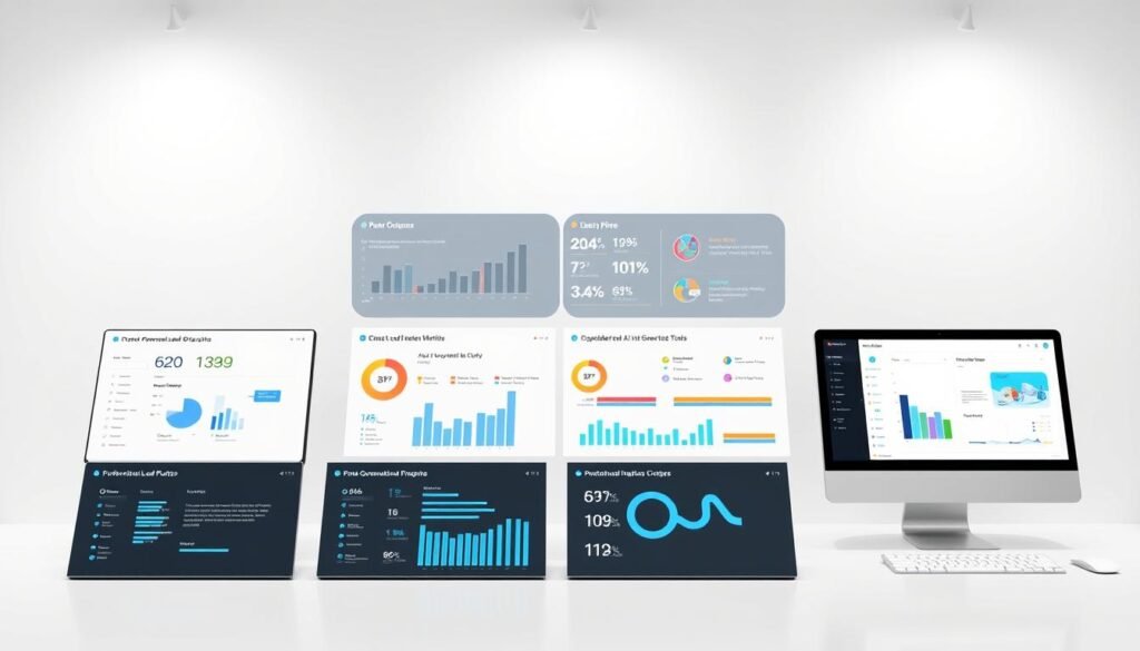 A detailed comparative layout of AI prospecting tools, showcased in a clean, minimalist style. Positioned in the foreground, a select group of AI-powered lead generation platforms are displayed side-by-side, their distinctive features and capabilities presented in a clear, organized manner. The middle ground features a series of data visualizations and infographics, providing in-depth analysis of the tools' performance metrics and user reviews. In the background, a crisp, monochromatic backdrop subtly accentuates the sleek, high-tech aesthetic, creating an atmosphere of efficiency and innovation. Balanced lighting and a slightly elevated camera angle lend an air of professionalism and authority to the overall composition.