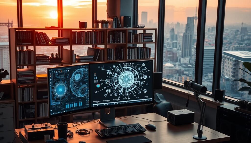 A digital artist's studio filled with AI-powered creativity. In the foreground, a sleek and modern computer workstation, its screen displaying intricate AI-generated visuals. In the middle ground, shelves brimming with books, cables, and various technological devices, hinting at the seamless integration of human and artificial intelligence. The background features a large window overlooking a vibrant cityscape, the warm glow of the sunset casting a soft, contemplative light on the scene. The overall atmosphere evokes a sense of innovation, collaboration, and the boundless potential of AI-driven content generation.