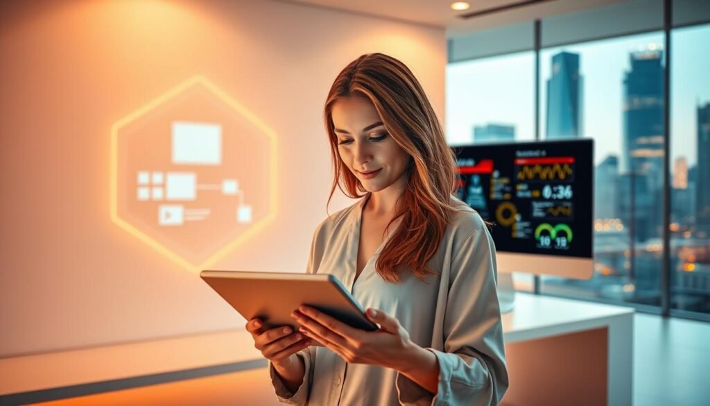 A digital strategy and customer experience composition. In the foreground, a woman interacting with a sleek, futuristic tablet device, her expression engaged and thoughtful. Behind her, a minimalist workspace with clean lines and a large, curved monitor displaying data visualizations and user interface elements. The middle ground features abstract geometric shapes and glowing lines, symbolizing the interconnectedness of digital systems. In the background, a cityscape with towering, glass-clad skyscrapers, conveying a sense of technological sophistication and progress. Warm, even lighting illuminates the scene, creating a sense of harmony and focus. The overall mood is one of innovation, efficiency, and a commitment to enhancing the customer journey through digital means.