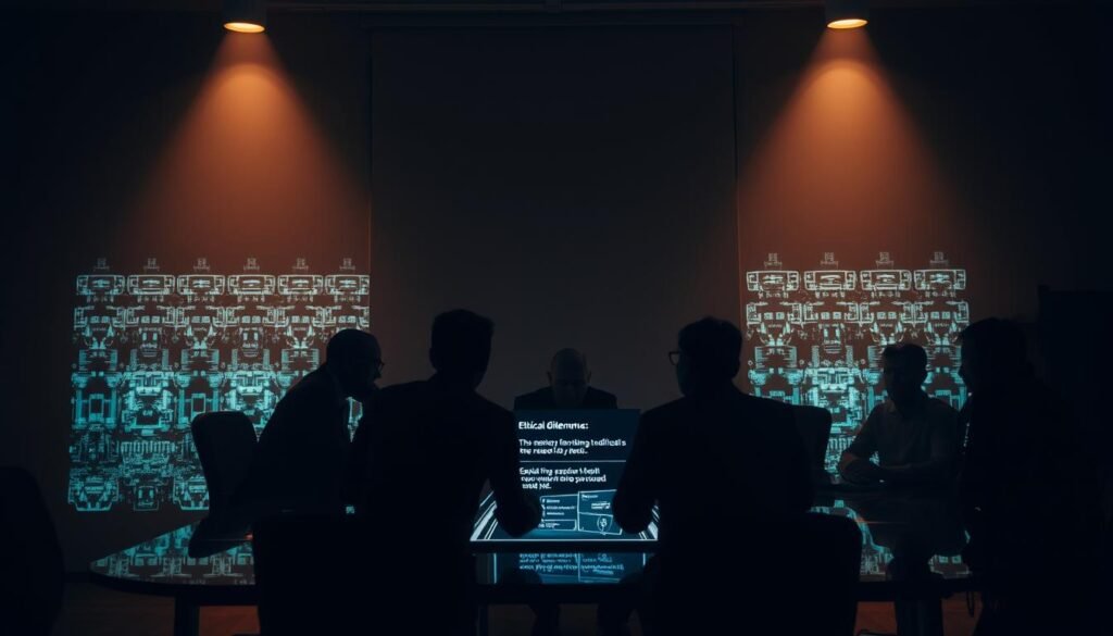 A dimly lit conference room, the air thick with tension. On the table, a holographic display projects a series of ethical dilemmas surrounding artificial intelligence. Shadowy figures, representing diverse stakeholders, lean in, engaged in a heated debate. The lighting casts dramatic shadows, underscoring the gravity of the situation. In the background, a grid of glowing circuit boards and data visualizations hints at the complex technological landscape. The overall atmosphere conveys the weight of the ethical challenges facing the AI industry, inviting the viewer to contemplate the profound implications of this rapidly evolving field.