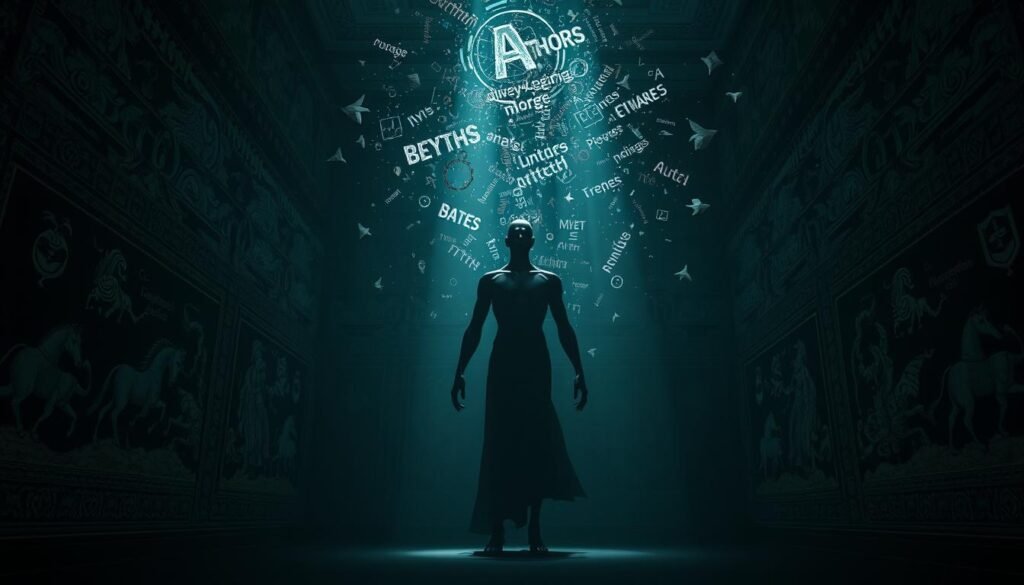 A dimly lit room, the walls adorned with intricate tapestries depicting ancient myths and legends. In the foreground, a towering figure representing artificial intelligence, its form shifting and evolving, casting an enigmatic shadow across the scene. Floating above, fragmented thoughts and beliefs about AI swirl in the air, each one a reflection of the myths and realities that surround this rapidly advancing technology. The lighting is moody and atmospheric, drawing the viewer's gaze towards the central figure and the interplay of perception and truth. The overall composition conveys a sense of mystery and the ongoing exploration of the role of AI in our modern world.